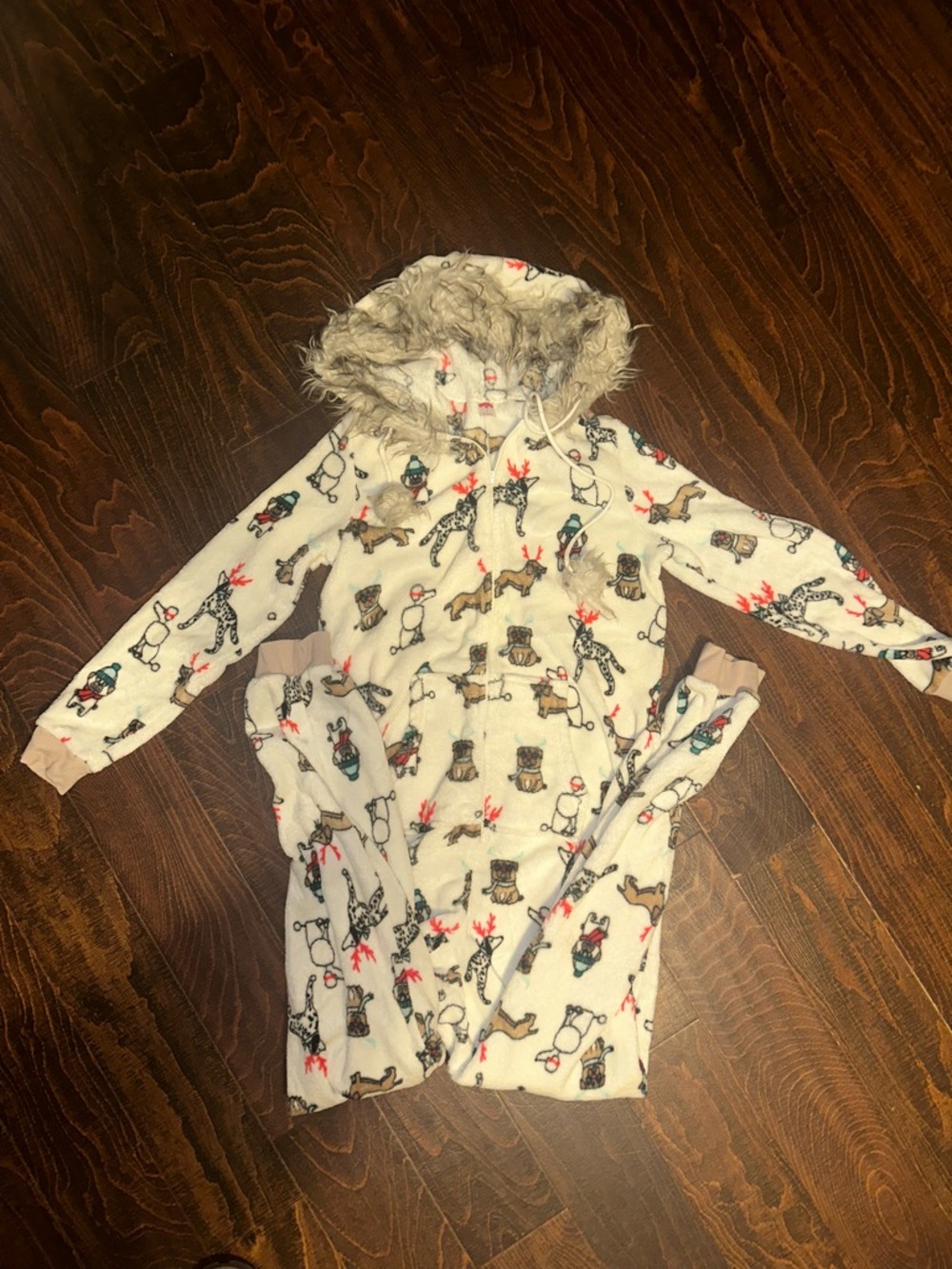 Women's Holiday Time Christmas Dogs hooded union suit pajama faux fur lined LRG